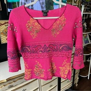 Y2K Beaded Pink Floral Knit Top Medium